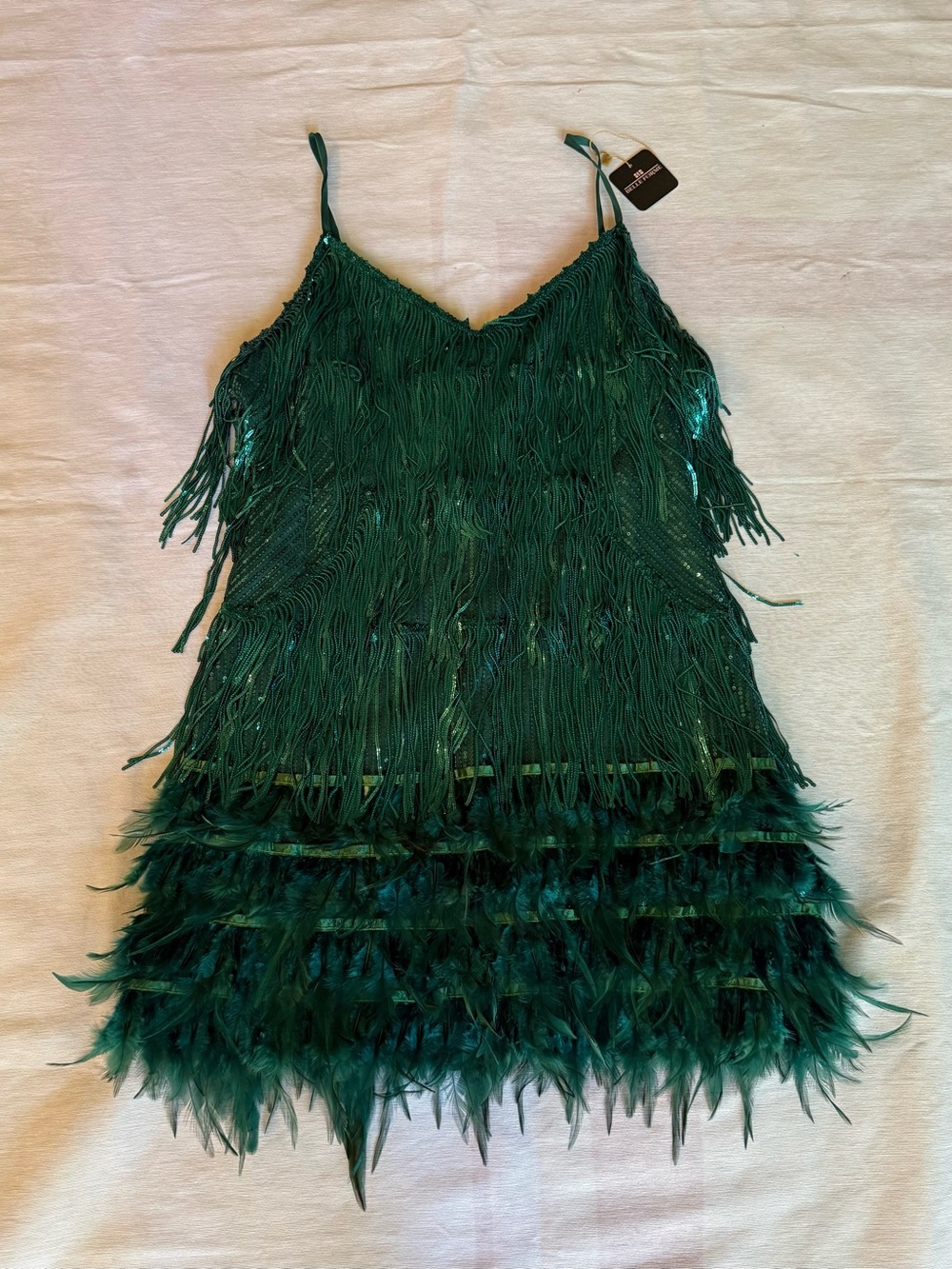 Emerald Green Sequin Fringe Feather Mini Dress. Festival. Disco Cowgirl. Gatsby.